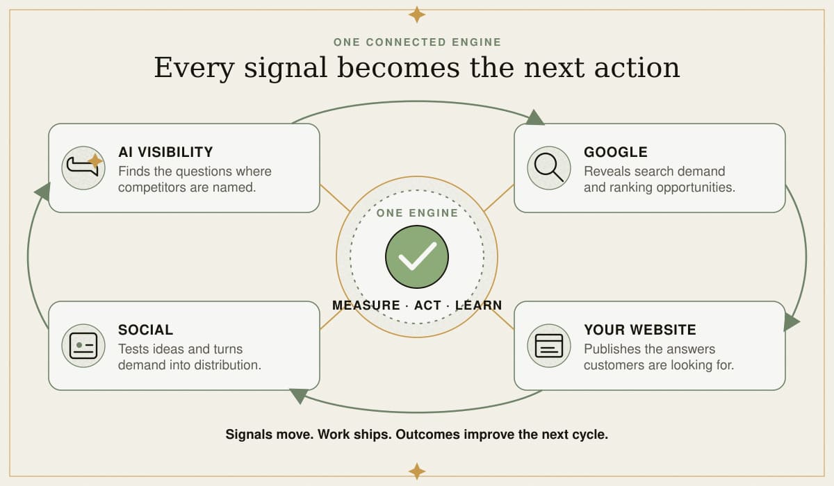 One connected engine: AI visibility finds the questions where competitors are named, Google reveals search demand, your website publishes the answers, and social turns demand into distribution — all feeding one measure, act, learn loop